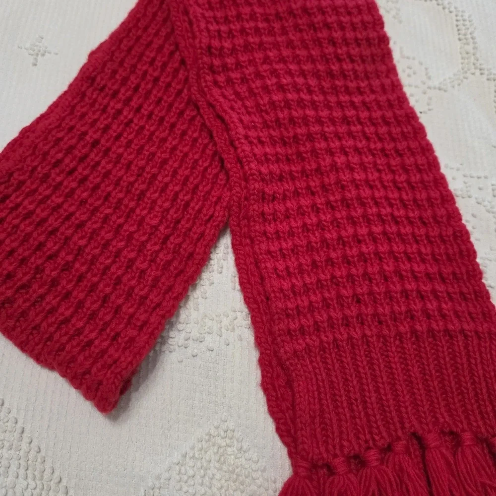 Lands End Fringed Red Knit Crochet Style Scarf Long 92